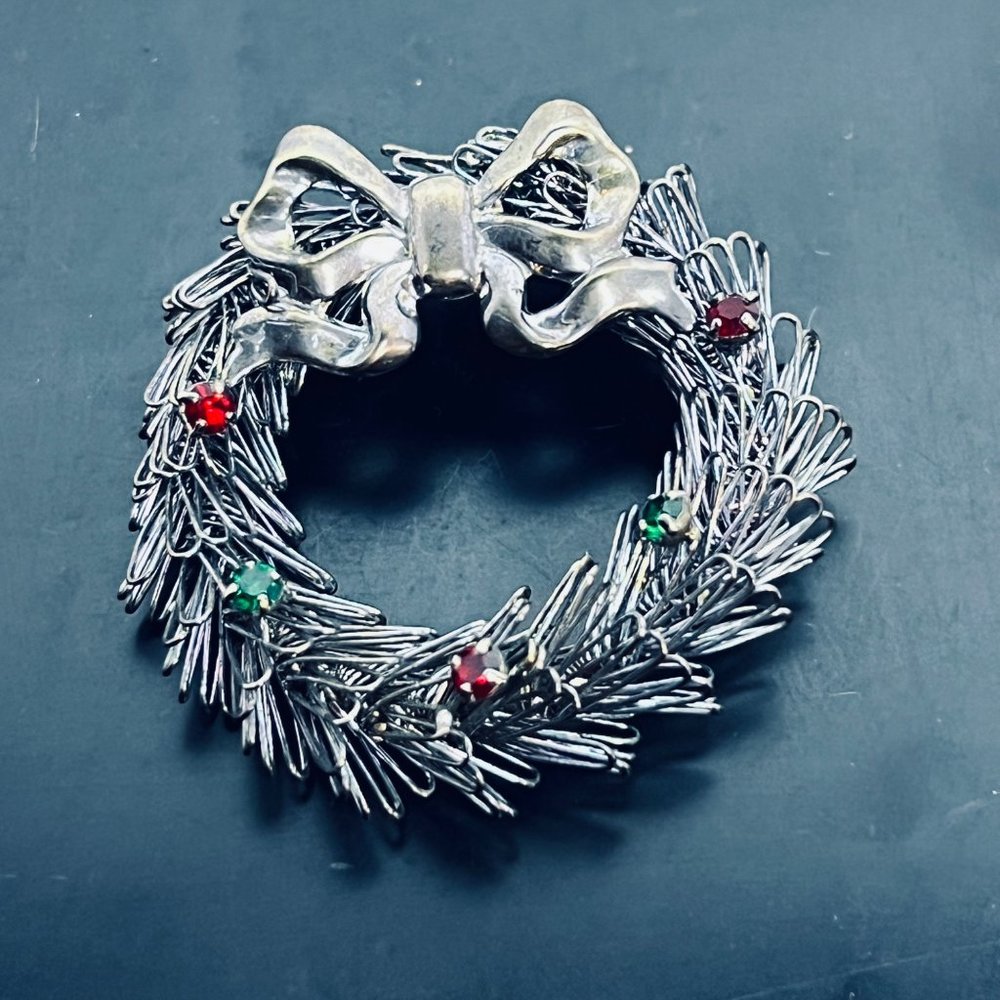 Silver Tone With Red And Green Rhinestones Wreath Brooch